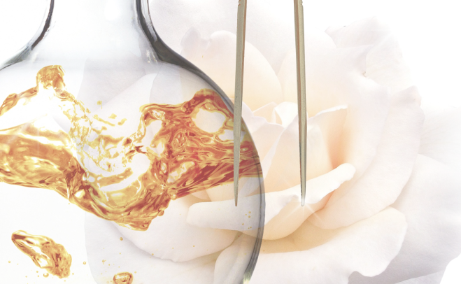 beaker with liquid splashing inside, tweezers hanging from the top and a white flower in the background